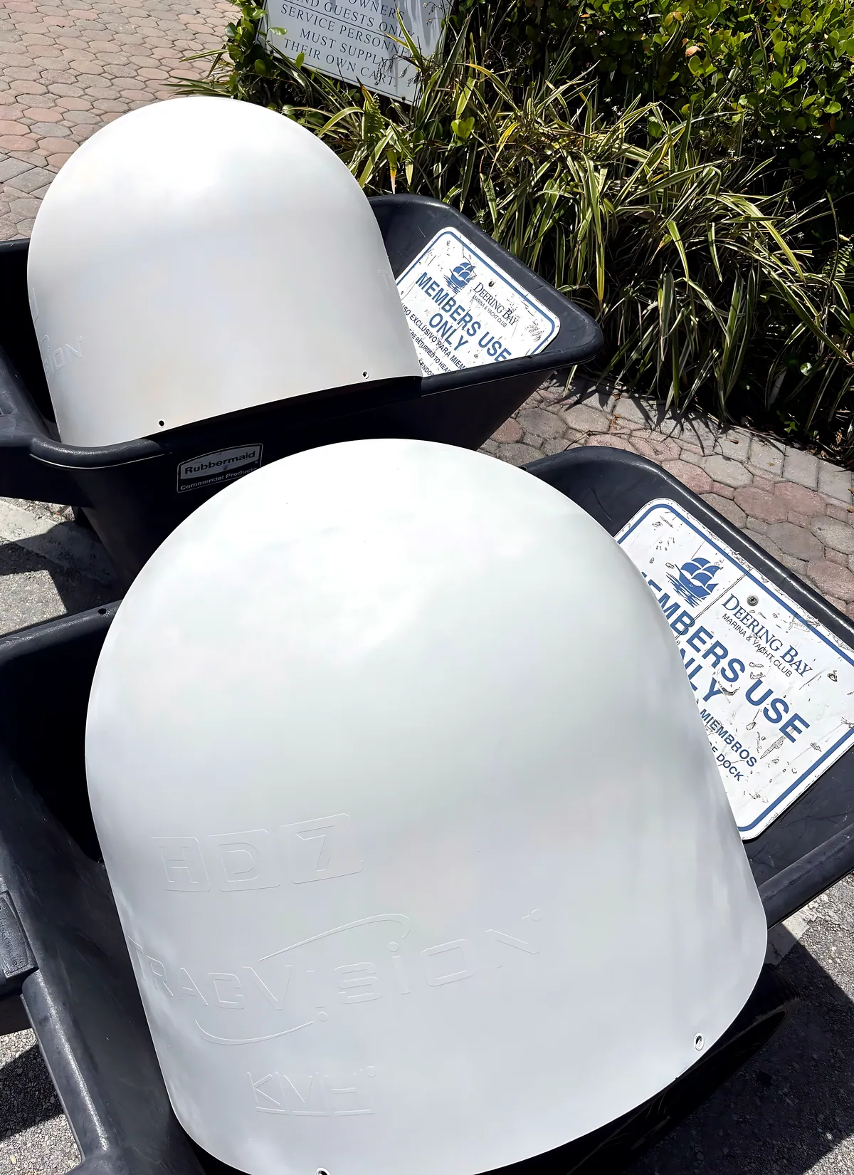Two KVH satellite TV radomes ready for installation